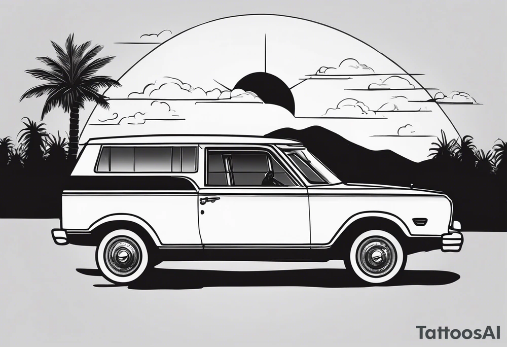 vista cruiser in front of sunset. vintage 70s aesthetic. cute. coquette. black and white tattoo idea