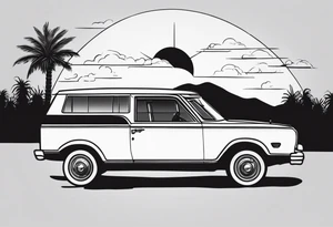 vista cruiser in front of sunset. vintage 70s aesthetic. cute. coquette. black and white tattoo idea