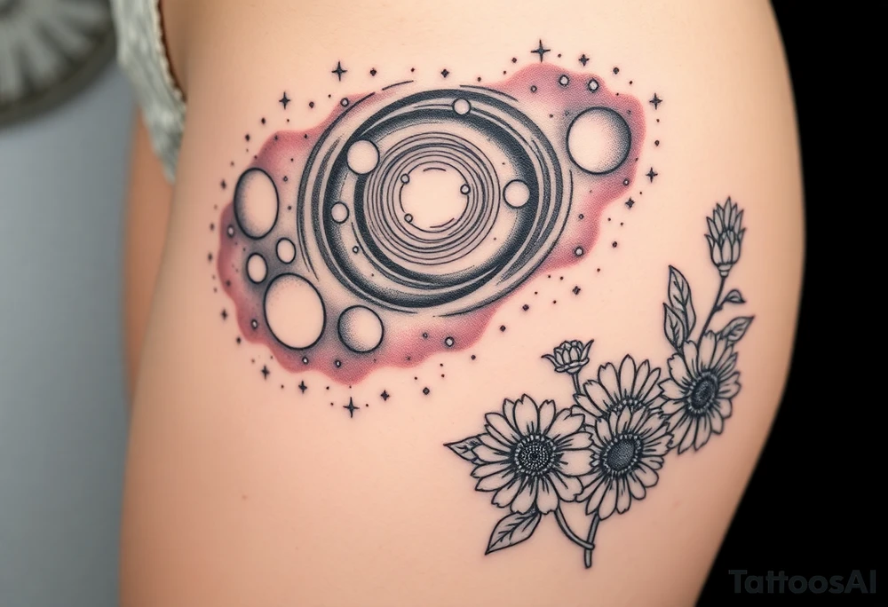 Milky way galaxy with planets with zodiac symbols and protection runes in it with tigerlillies roses and sunflowers tattoo idea