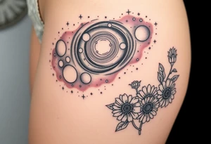 Milky way galaxy with planets with zodiac symbols and protection runes in it with tigerlillies roses and sunflowers tattoo idea