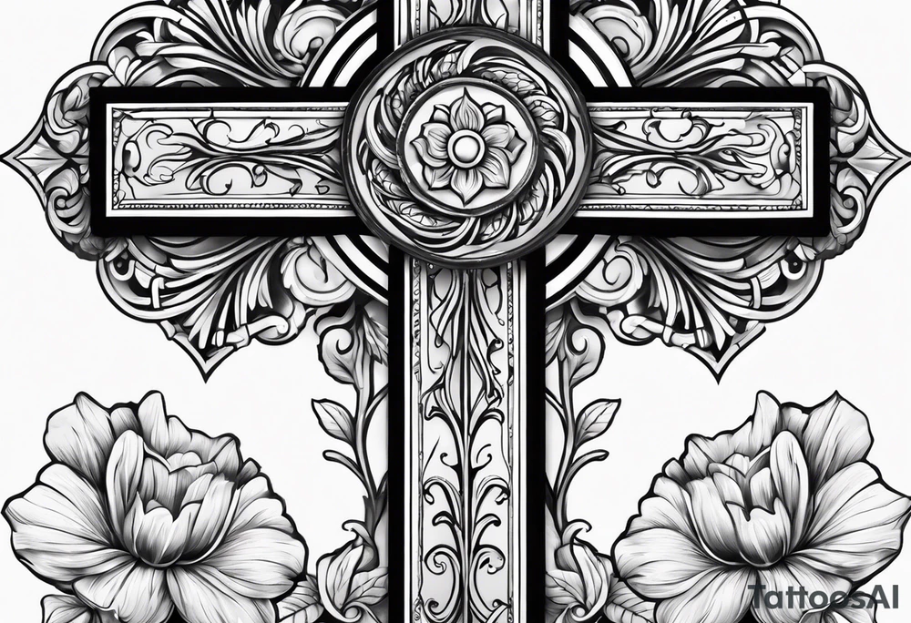 A wood plain Christian cross with 3 large flowers surrounding it tattoo idea