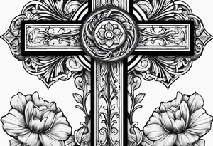A wood plain Christian cross with 3 large flowers surrounding it tattoo idea