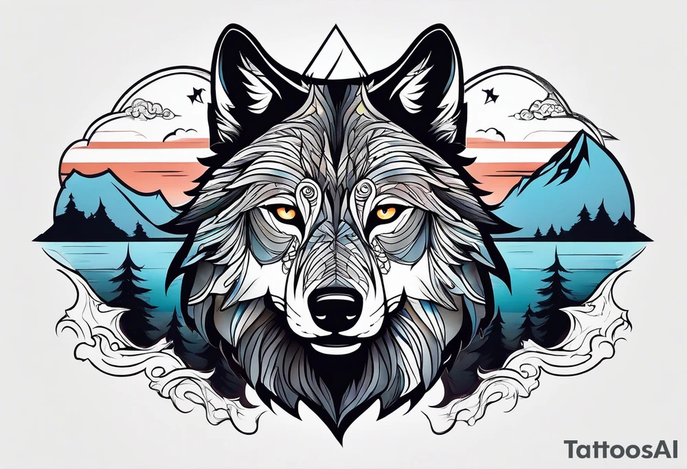 a minimalistic wolf in front of an incredible sky. tattoo idea