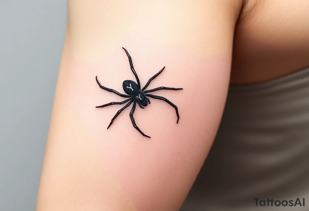 Black widow Spider crawling down sideways with the letter Y on the body of the spider tattoo idea