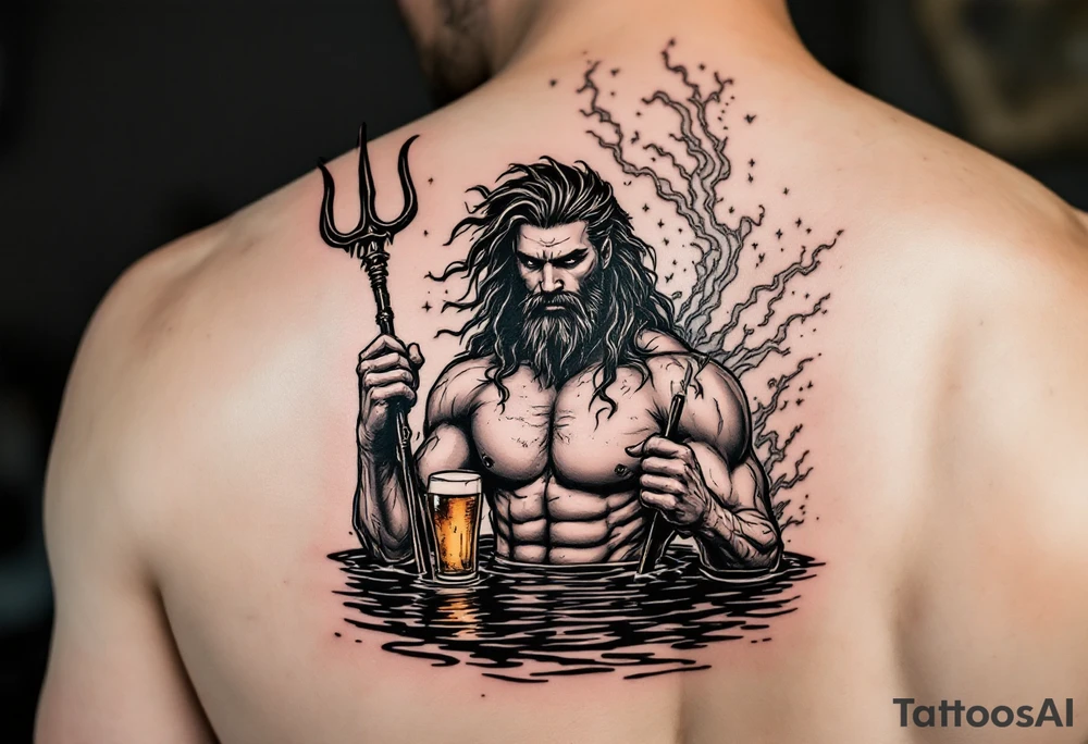 young, fit poseidon in calm water, behind a trident, holding a beer, with storm tattoo idea