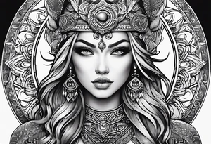 Viking, feminine warrior, mandala, bedroom eyes, headshot, princess, round emblem, moon goddess, Gaia tattoo idea