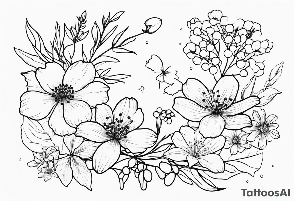 minimalist wrapping botanicals with cosmos flower, cherry blossoms, rowan tree berries and flowers, and lily of the valley tattoo idea