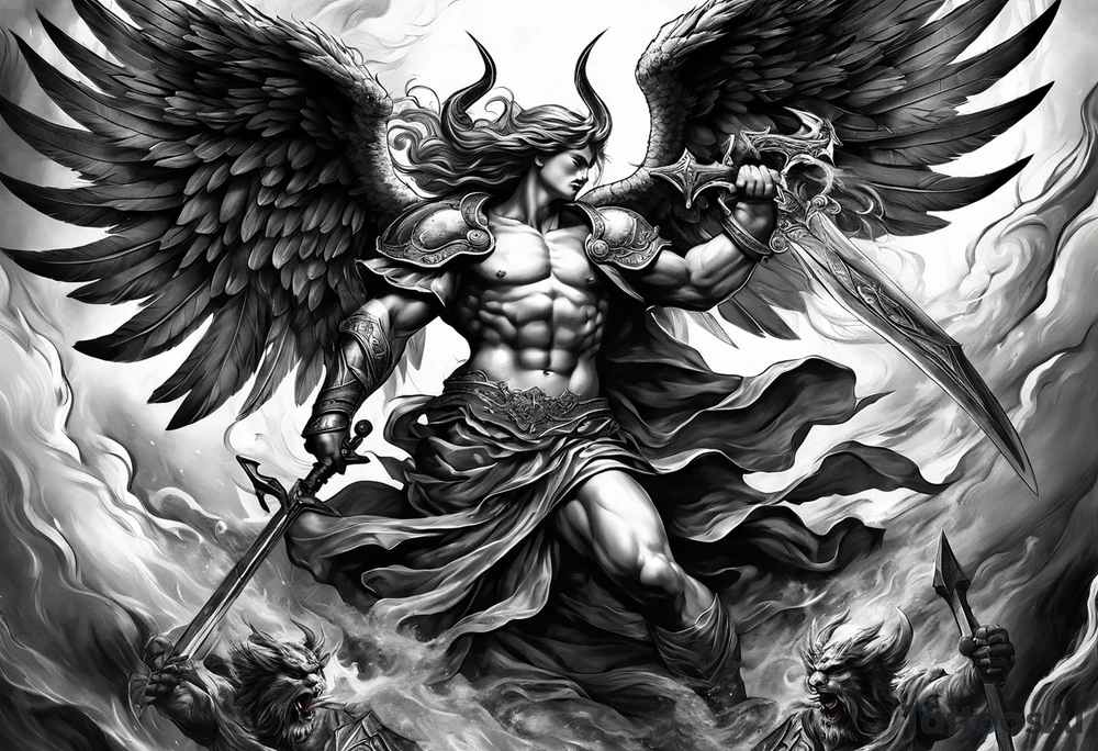 Create a dynamic tattoo of an angel and a demon engaged in a fierce battle, symbolizing the eternal struggle between good and evil within oneself. tattoo idea