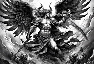Create a dynamic tattoo of an angel and a demon engaged in a fierce battle, symbolizing the eternal struggle between good and evil within oneself. tattoo idea