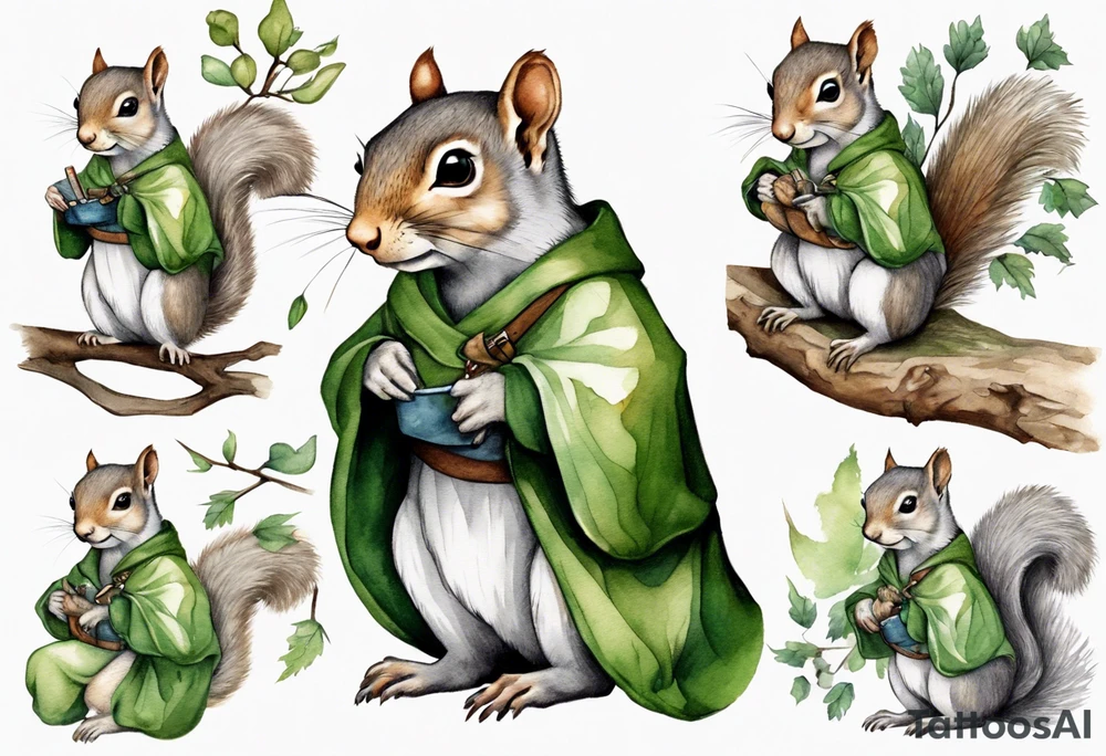 a female grey squirrel dressed in a grey and green tunic wearing a medieval messenger bag sitting on a tree branch tattoo idea