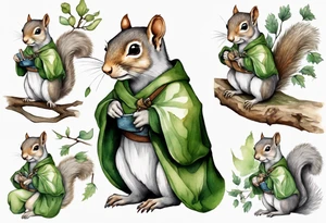 a female grey squirrel dressed in a grey and green tunic wearing a medieval messenger bag sitting on a tree branch tattoo idea