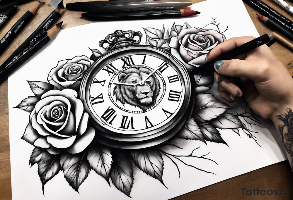 Rose on hand leading into clock bear lion tattoo idea