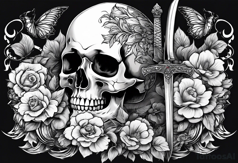 Skull with a sword stabbing through chin all the way to the top of head with flowers around the sword tattoo idea