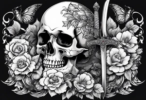 Skull with a sword stabbing through chin all the way to the top of head with flowers around the sword tattoo idea