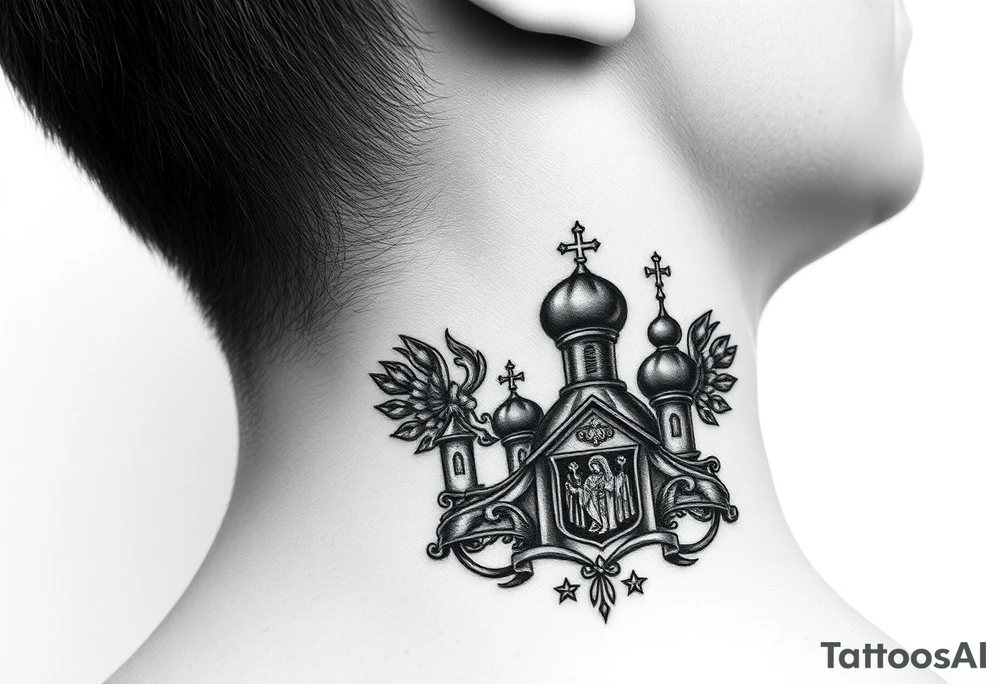 russian coat arms in a russian christian orthodox style virgin mary & orthodox dome church on the side of the neck tattoo idea