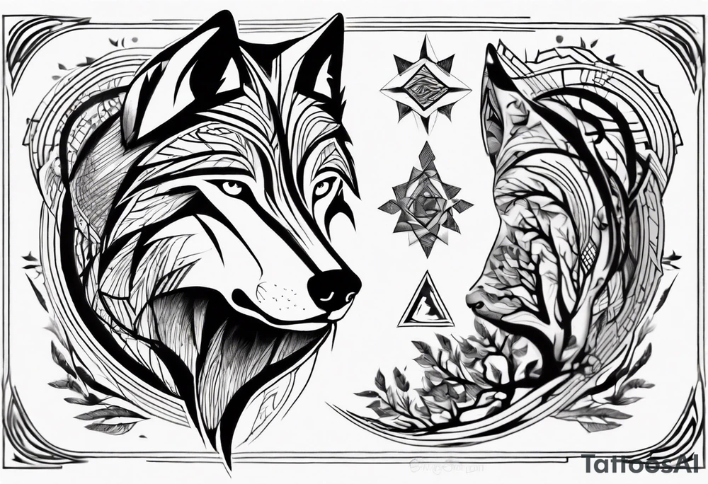 Wolf's face with geometric patterns flowing from it along with impressions of trees, a forest tattoo idea