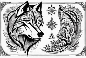 Wolf's face with geometric patterns flowing from it along with impressions of trees, a forest tattoo idea