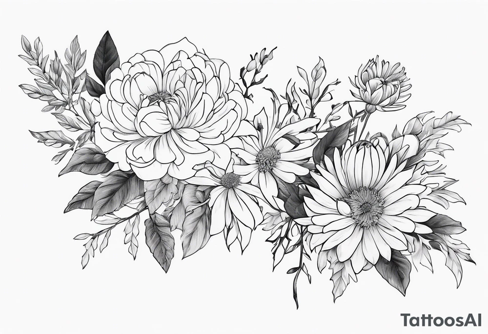 Asters, roses, hawthorns, and chrysanthemums in a long line tattoo idea