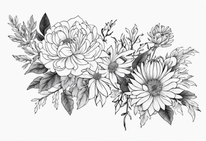 Asters, roses, hawthorns, and chrysanthemums in a long line tattoo idea