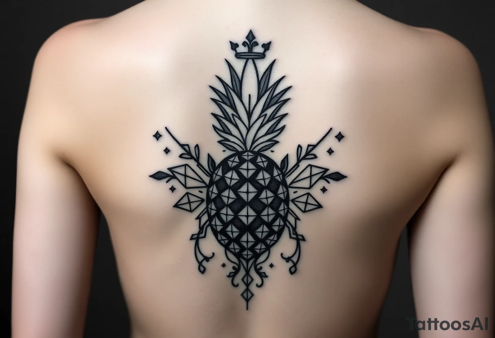 Design around a vagina and anus using a pineapple with diamonds and magestic, crown, vagina, anus, pubic tattoo idea