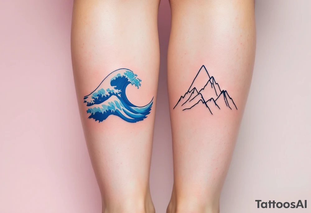 Blue abstract waves for her and bold mountain outlines for him on the calves reflect emotional and physical strength. tattoo idea