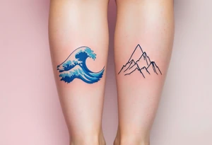 Blue abstract waves for her and bold mountain outlines for him on the calves reflect emotional and physical strength. tattoo idea