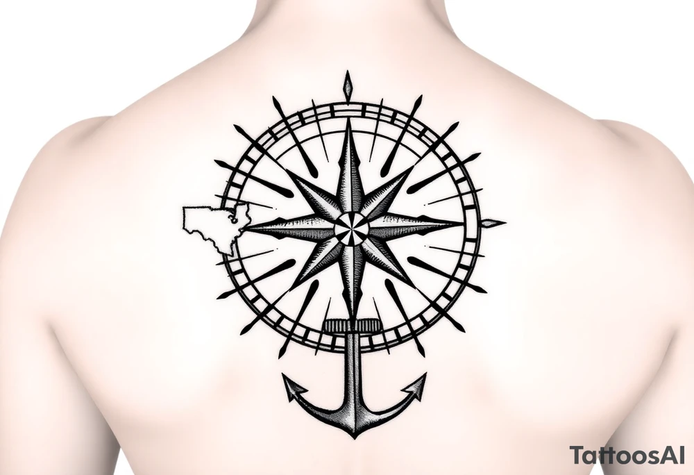 •	Central Compass Rose: Symbolizing your journey and guidance through life’s adventures.
	•	State Icons: Incorporate subtle outlines or symbols representing Texas (e.g., a lone star), Connecticut (e.g., a charter oak leaf), and Washington state (e.g., a mountain or evergreen tree) at the cardinal points corresponding to their geographic locations.
	•	Anchor Base: An anchor at the base of the compass, representing your ties as a Navy wife. tattoo idea