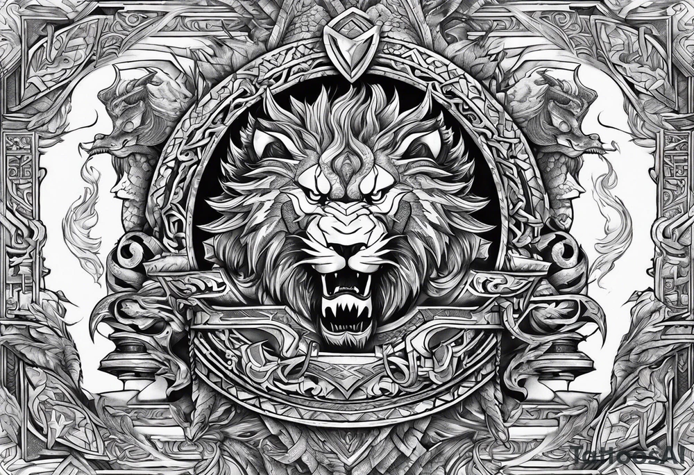 Valhalla sword shield  axe  dragon lion
Valknut  ruins lightnings tattoo idea