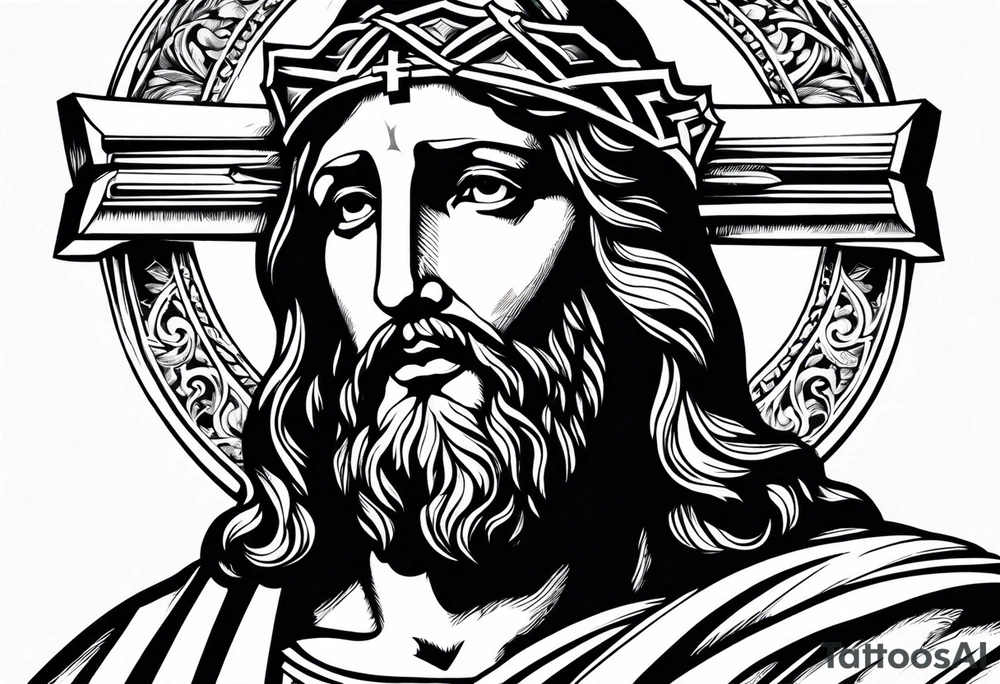 Jesus statue holding cross tattoo idea