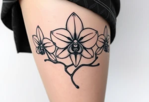 Tattoo flash of three fine line orchids different size realistic, the central part resembles a vagina. Are connected with branches tattoo idea