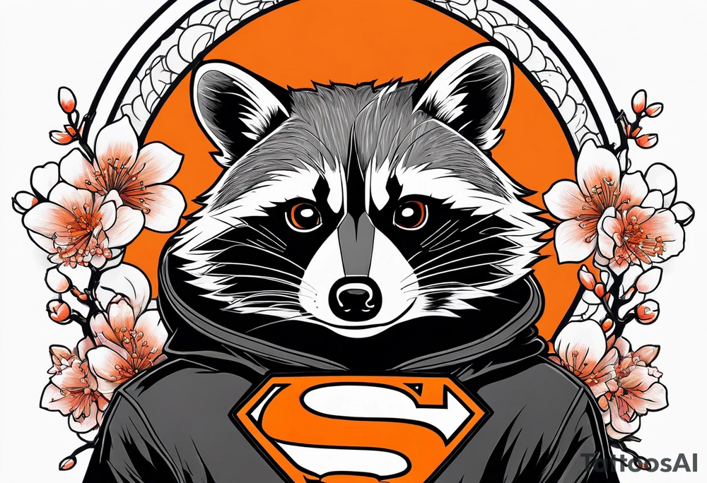 Raccoon wearing a white Superman logo on a black hoodie and orange Japanese cherry blossoms beside tattoo idea