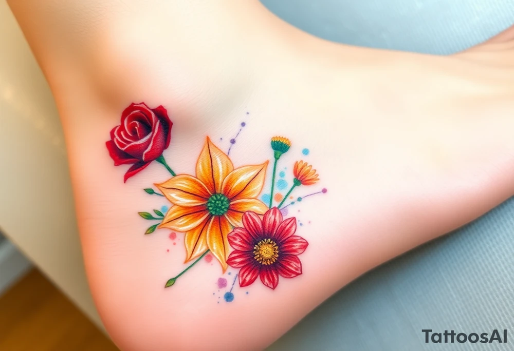 a colorful, vibrant, watercolor tattoo with one red rose, one orange lily, one gold marigold, and one orange cosmos flower and with splashes of color tattoo idea