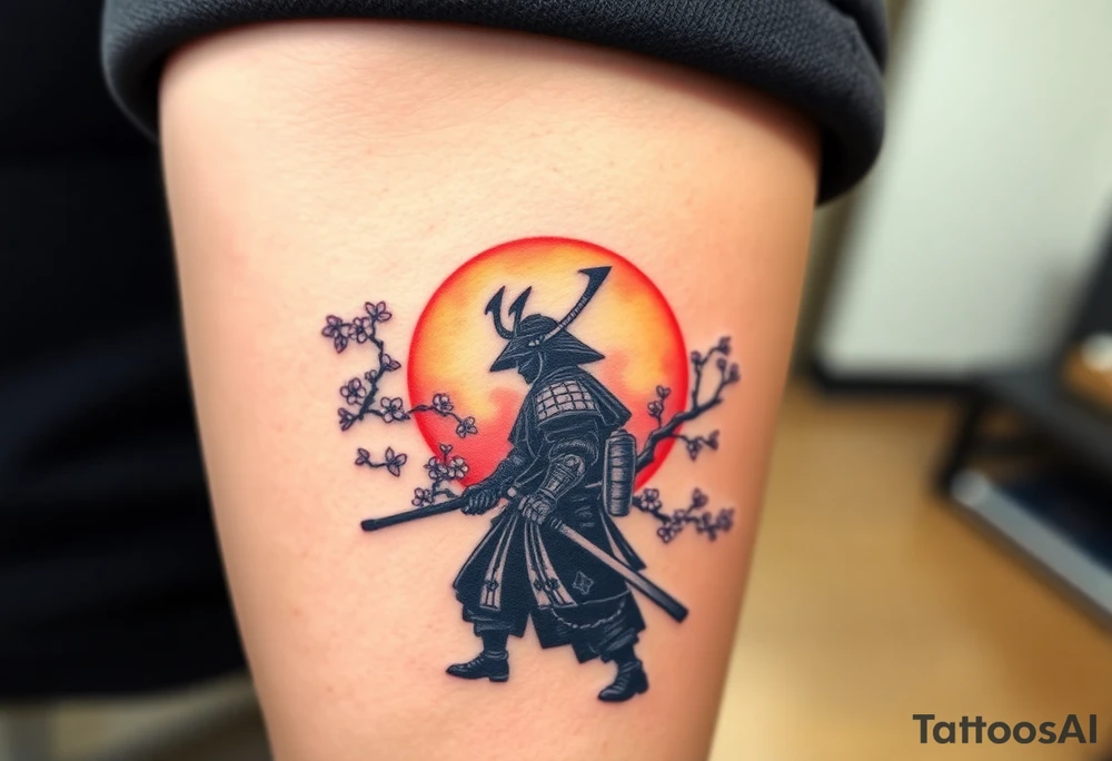 noble samurai warrior silhouette at sunset with cherry blossoms tattoo idea