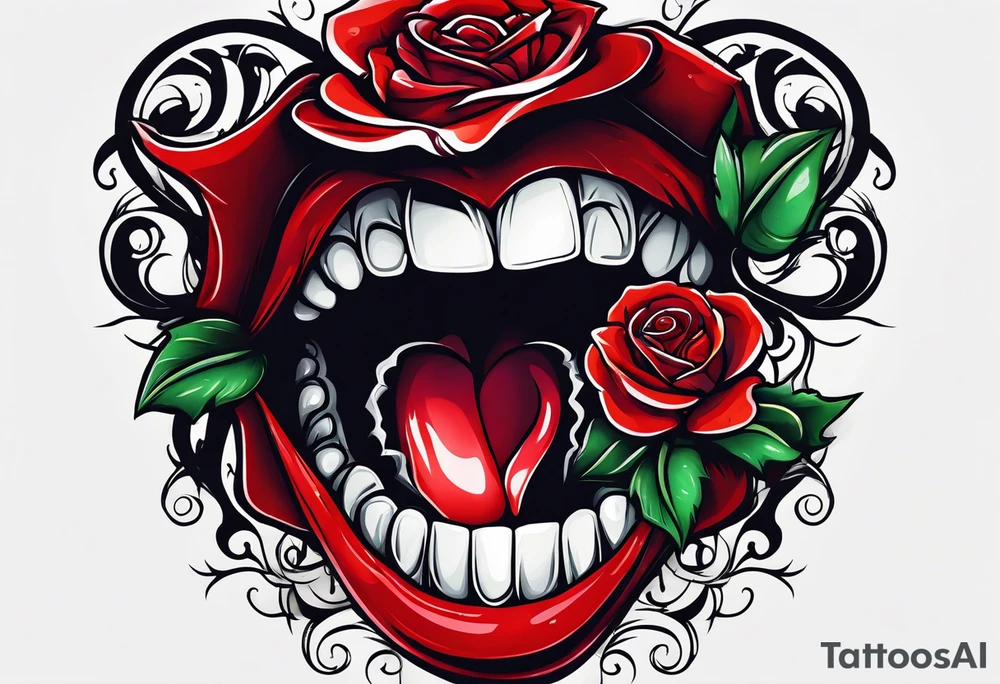 Sexy vampire mouth biting rose tattoo idea