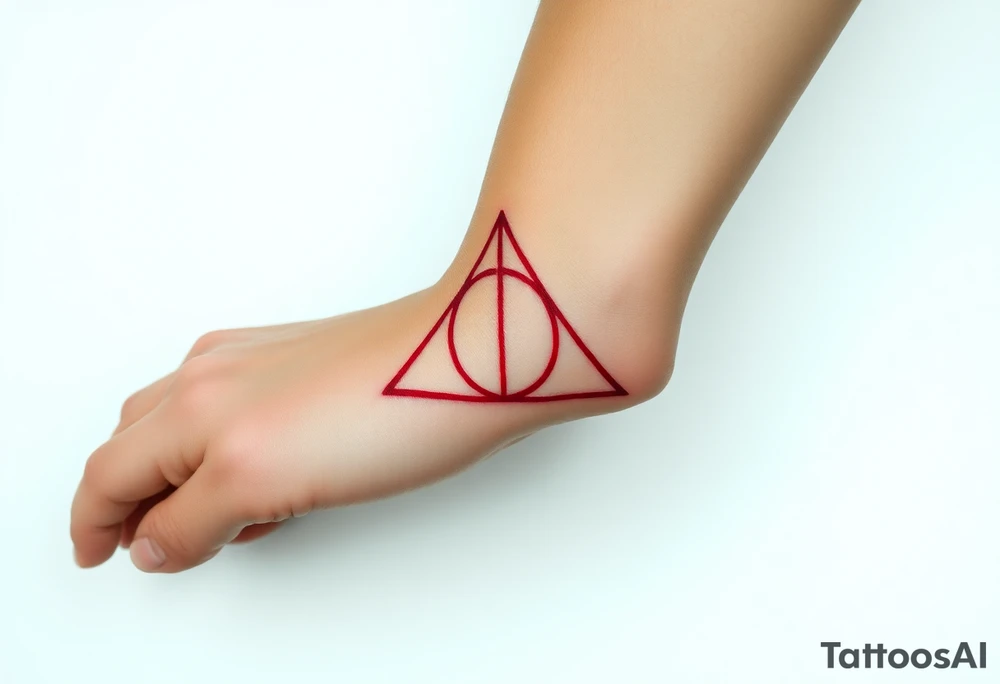 A minimalist Deathly Hallows  full symbol outline in red ink tattoo idea