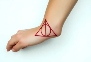 A minimalist Deathly Hallows  full symbol outline in red ink tattoo idea