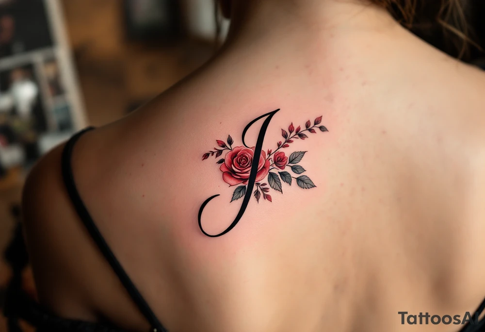 Elegant cursive "J" in deep black ink, wrapped with a soft red rose vine tattoo idea