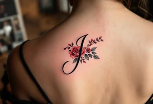 Elegant cursive "J" in deep black ink, wrapped with a soft red rose vine tattoo idea