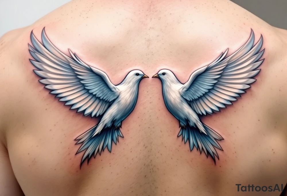 A pair of 3D doves with outstretched wings, their feathers detailed in soft whites and subtle blues, symbolizing peace and unity. tattoo idea