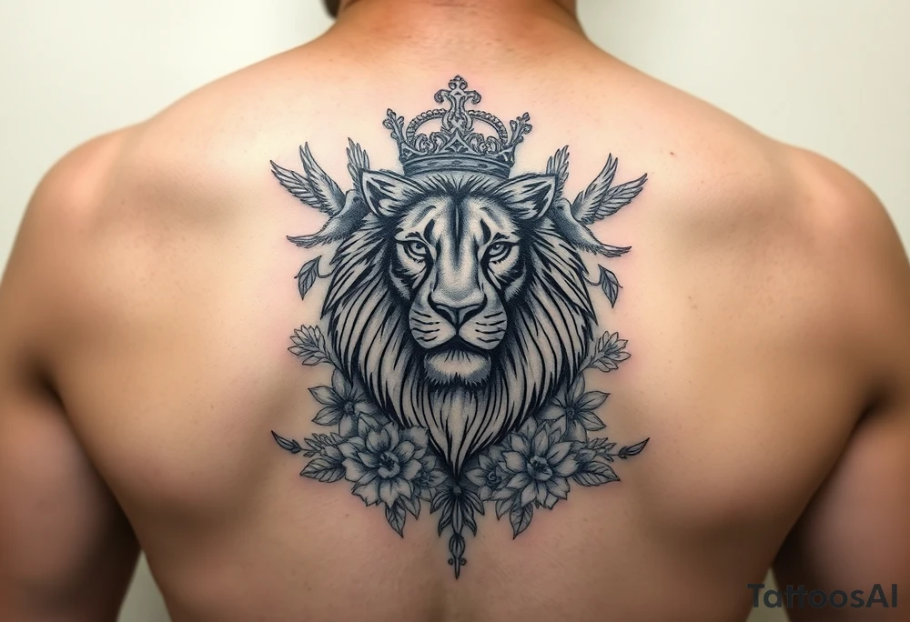 powerful majestic lion with a crown, surrounded by floral ornaments and birds tattoo idea