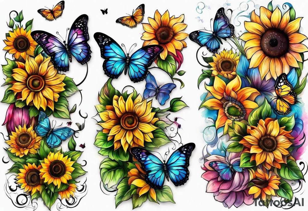 Memorial arm sleeve for mom with rainbow sunflowers and butterflies tattoo idea