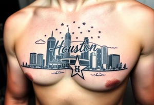 Houston texas skyline Behind houston astrodome, stars nighttime stars and clouds, Houston cursive in sky, Houston Astros star,fill in smoke stars in space, H rockets, tattoo idea