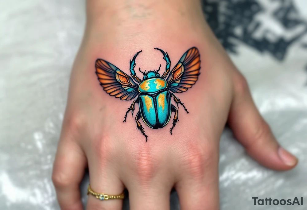 A turquoise scarab beetle with outspread copper wings, representing rebirth and transformation. tattoo idea