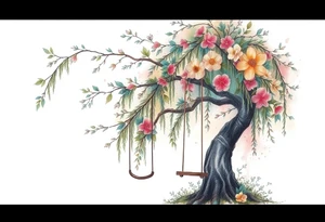 Willow tree with 7 branches with a swing hanging from one with florals tattoo idea