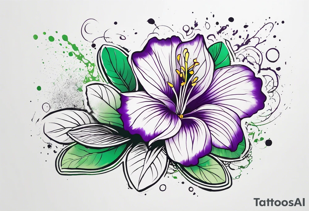 An outline of a rio dipladenia flower with a splatter green and purple background tattoo idea