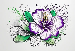 An outline of a rio dipladenia flower with a splatter green and purple background tattoo idea