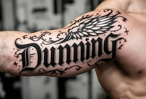 Dunning,on left arm details include angel wing, greek type of font,jungle leaves , tiger claw scratch tattoo idea