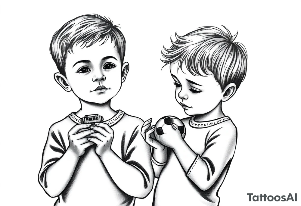 two small boys with their mother  a small train toy and a small football toy. tattoo idea