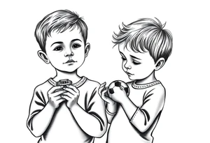 two small boys with their mother  a small train toy and a small football toy. tattoo idea