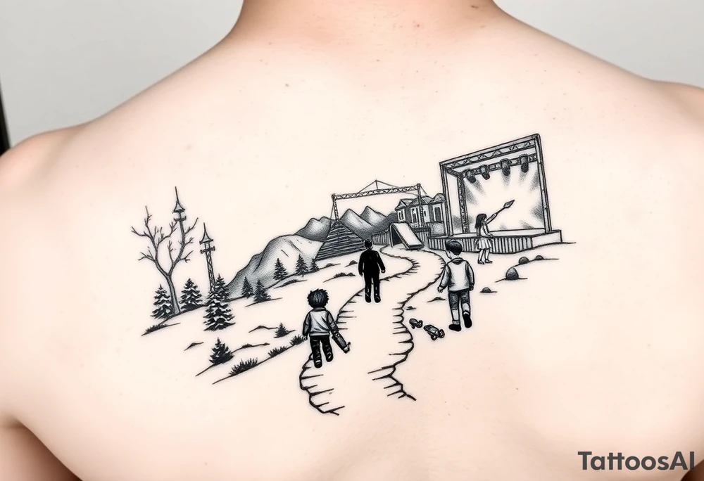 black and white tattoo (half-sleeve on shoulder): path beginning in the bottom end and winding upwards. The first third starting at the bottom is sourrounded by few trees and small houses. There is a child walking. On the second third, the path changes to a street, which leads through a city. The has grown into adolescence and is walking the street with a skateboard in one hand. A few friends are besides the person, attending a heavy metal concert which, is taking place on a stage besides the path. tattoo idea